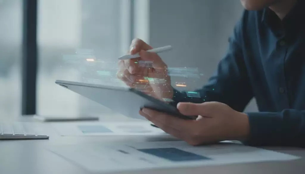 Hands editing AI-generated text on a tablet, highlighting the necessity of human review.